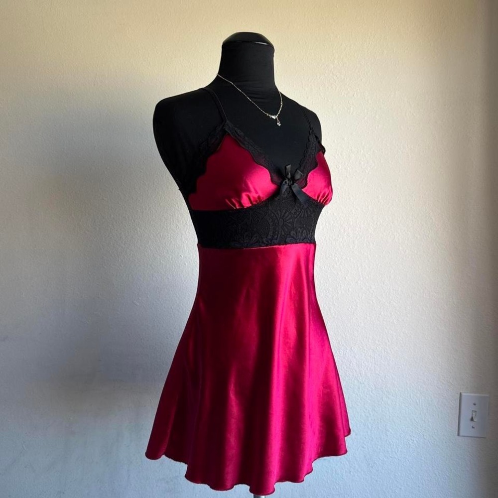 Crimson satin style black lace bust bow detail slip mini dress y2k coquette goin